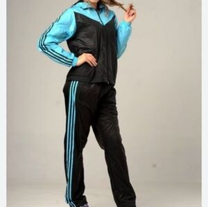 Vintage Y2k 2002 Adidas Women's Track Suit Size Medium Black & Turquoise Blue
